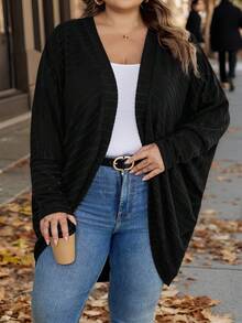 SHEIN CURVE+ Áo len cardigan dệt kim gân dáng rộng cỡ lớn, quần áo thu đông cho nữ - màu đen - Xem 2