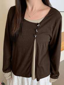 Dazy Plus Color Block Bow Decor 2 In 1 Fashion Long Sleeve T-Shirt For Plus Size Women