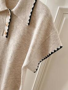 SHEIN Frenchy 女式撞色饰边短袖针织上衣 - 杏色 - 查看 4