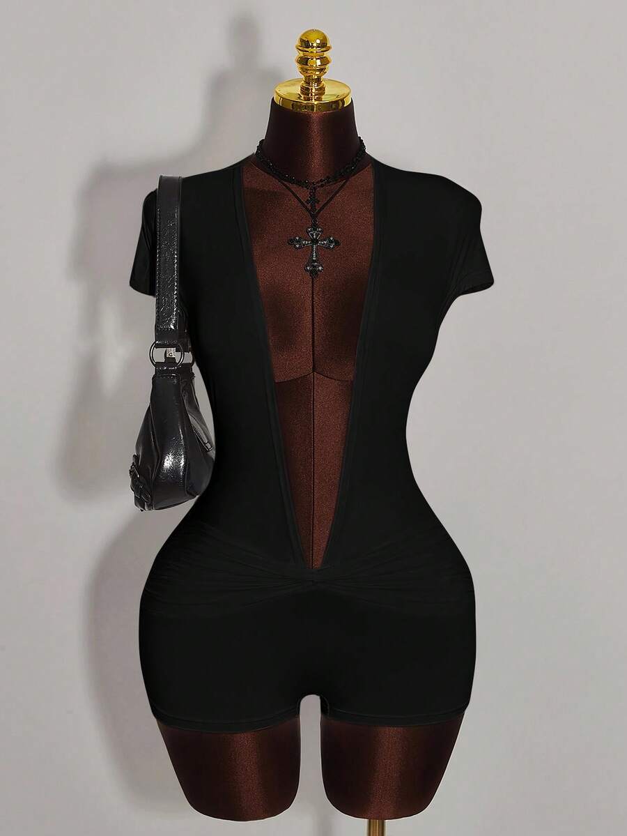 Y2K Amplova 女士深V领扭结前襟连体衣，带短袖，适合秋冬季感恩节和新年派对穿着 - 黑色 - 查看 1