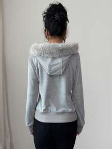 Elenzga 女士秋冬迷彩拼布针织连帽拉链运动衫，带口袋，灰色，适合万圣节、圣诞节、沙特国庆节、新年派对、毕业典礼、角色扮演 - 淺灰色 - 查看 3