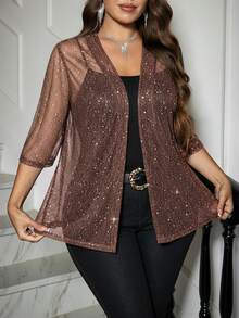 Clasi Abrigo de malla con estampado de talla grande para mujeres, de manga corta, para verano, primavera, festivales, fiestas, playa, vacaciones, bodas y eventos, graduación, - Champán - Ver 8