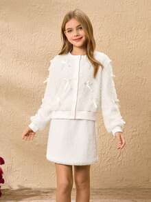 Girls' Sweet Fashion All White Winter Tea Party Outfit,Round Neck Long Sleeve Plush Fur Jacket With 3D Bow Design&High Waist Lamb Wool Short Skirt - White - View 6