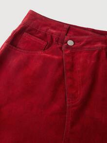 SHEIN MOD Women's Fashionable Solid Color Casual Versatile Denim Skirt With Belt Loop Chic Women Red Corduroy Overlap Front Midi Skirt Versatile High Waist A Line For Everyday Wear Winter Clothes For Women Christmas Women's Clothing New Year Clothes Elegant Skirt For Party Elegant Outfit For Women Christmas Women's Red Skirt