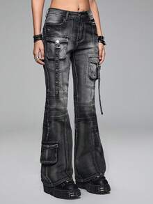 ROMWE Grunge Punk Spring/Summer Black Distressed Punk Metal Rivet Super Low Waist Flare Jeans - Grey - View 1