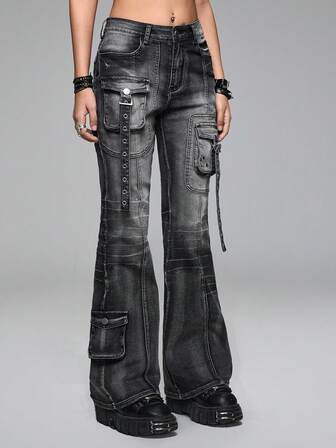 Grunge Punk Distressed Punk Metal Rivet Super Low Waist Flare Jeans