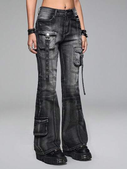 Grunge Punk Distressed Punk Metal Rivet Super Low Waist Flare Jeans