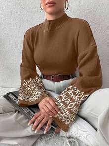 EURMUSE 女款落肩花卉印花立领毛衣，秋冬 - 駝色 - 查看 5