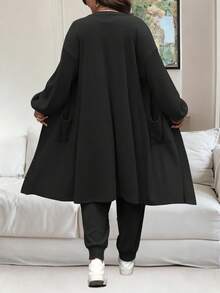Vionelle Áo khoác dài tay trễ vai màu trơn cỡ lớn cho nữ và bộ đồ liền thân buộc eo, bộ đồ thường ngày mùa thu - màu đen - Xem 2