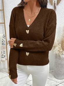 EMERY ROSE 女式金属装饰V领长袖休闲毛衣，秋冬 - 巧克力棕 - 查看 4