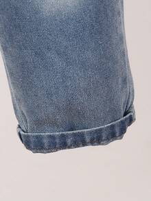 SHEIN Genkimix Kids 2 件套年轻男孩时尚套装：灰色针织圆领长袖运动衫和仿口袋牛仔长裤休闲装，适合休闲装、上学、旅行、度假、放松、日光浴、夏季