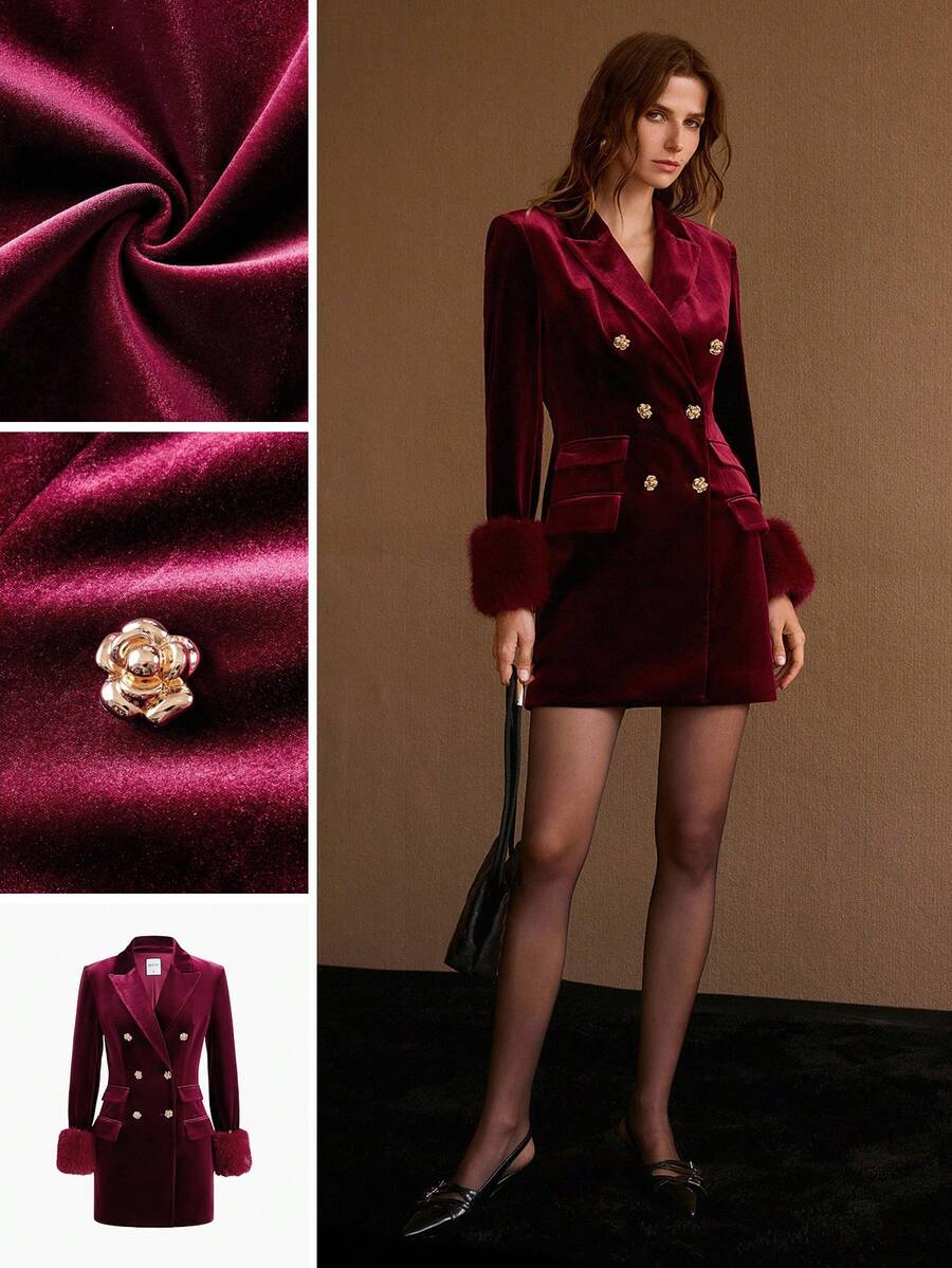 MOTF PREMIUM Váy blazer nhung hai hàng khuy - Màu Đỏ Sâu - Xem 1