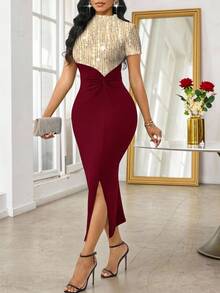 SHEIN Lady 女士时尚派对拼色扭结紧身连衣裙 - 酒紅色 - 查看 1