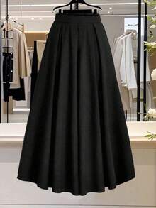 SHEIN PETITE 女式小巧纯色A字口袋腰裙 女式长裙 - 黑色 - 查看 1