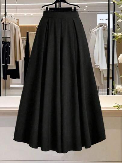 SHEIN PETITE 女式小巧纯色A字口袋腰裙 女式长裙