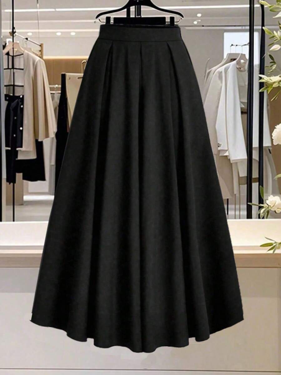 SHEIN PETITE 女式小巧纯色A字口袋腰裙 女式长裙 - 黑色 - 查看 1