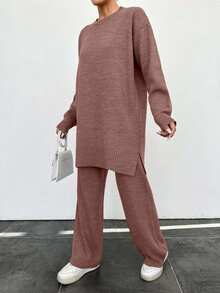 Women's Casual Loose Fit Drop Shoulder Sweater And Pants 2 Pieces Set, Autumn/Winter - Rusty Rose - View 4
