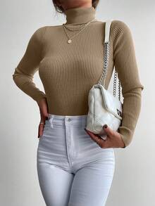 EURMUSE Áo len cổ lọ dài tay màu trơn cho nữ, thời trang cho mùa xuân và mùa thu - Màu be - Xem 3