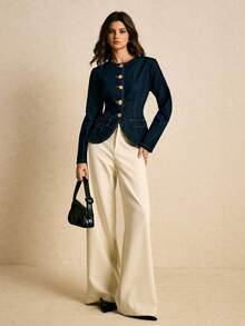 Poéselle 女士时尚休闲纽扣长袖牛仔衬衫，女士牛仔外套，女士夹克，女士短款牛仔外套，舒适秋冬款式，圣诞节女装，长袖衬衫，女士冬季外套 - 深色水洗藍 - 查看 4