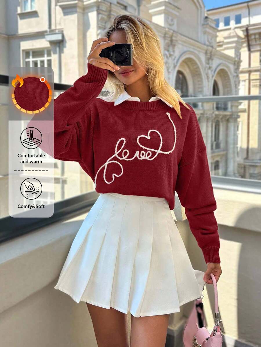 EURMUSE Pull-shirt mignon à col ras-du-cou avec motif de broderie en forme de cœur et de love, en couleurs contrastées, style décontracté