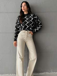 EURMUSE Women's Casual Geometric Pattern Sweater For Fall And Winter - Black - View 3