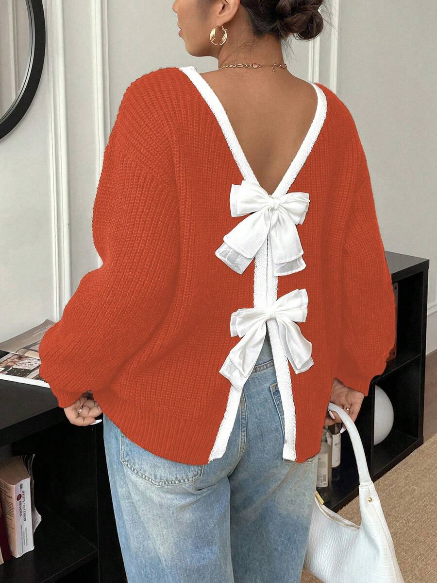 Elenzga Plus Size Women Casual Bowknot Crew Neck Long Sleeve Sweater, Autumn/Winter - Orange - View 1