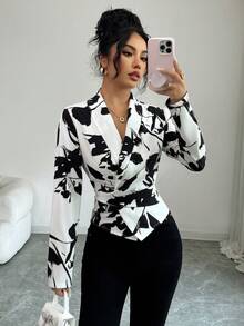 Elenzga Women's Elegant Floral Print Casual Commuter Belted Shirt, Autumn Cow Print