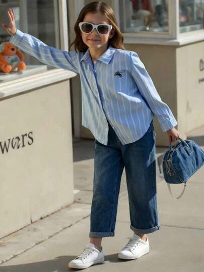 Elladie kids Tween 女童休闲舒适长袖条纹衬衫，刺绣奔腾骏马图案，适合日常穿着和秋冬户外穿着