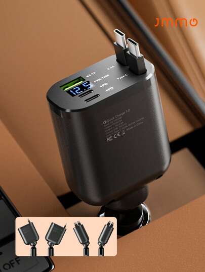 JMMO 66W 伸缩式车载充电器，带数字显示，5 合 1 快速车载电话充电器，带 2 个 PD 端口，2 根伸缩电缆和 USB 车载充电器，兼容 16/15/14/13/12，兼容 Galaxy，适用于 Pixel 等。