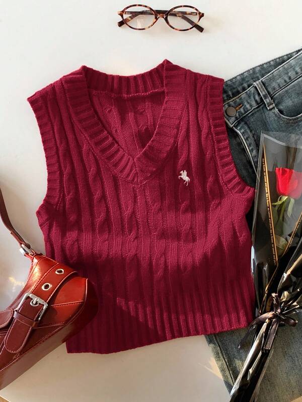 Comfortcana Plus Size V-Neck Twist Knot Horseback Riding Logo Casual Sweater Vest, Autumn/Winter