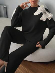 EURMUSE Women Sweater Sets With 3d Big Ribbon Detail - Black - View 2