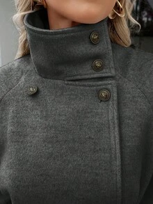Xyvia 秋冬女装休闲高领纽扣腰带中长款毛呢大衣，老钱风女装/女士办公装/外出装，女士秋装 - 灰色 - 查看 5