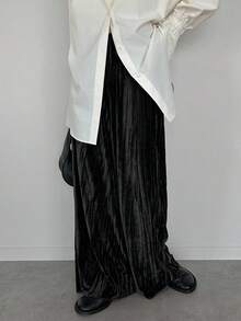 FRIFUL Women's Solid Brown Velvet Elastic Waist Loose Casual Straight Leg Pants, Autumn - Black - View 3