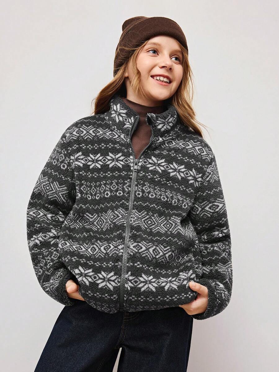Tween Girl Stand Collar Vintage Drop Shoulder Long Sleeve Casual Zip-Up Jacket Winter - Dark Grey - View 1