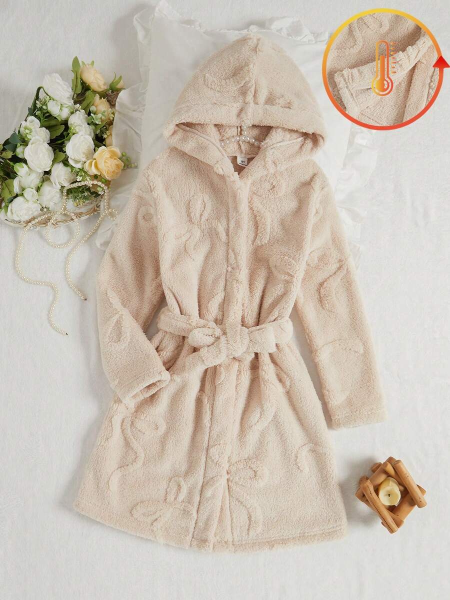 女童粉色简约别致蝴蝶结花朵毛绒长袖睡袍，冬季居家休闲睡衣，温暖过冬 - 杏色 - 查看 1