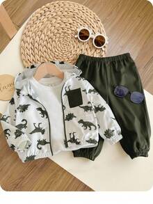 2pcs Baby Boy Dinosaur Printed Contrast Color Hoodie Jacket And Solid Color Pants Outfit, Spring/Summer/Autumn/Winter - Green - View 2