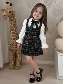 Váy kẻ caro tay bồng phối màu đơn giản thoải mái cho bé gái, váy chữ A ôm sát tay bồng, hàng mới về mùa thu đông - Đen và trắng - Xem 3