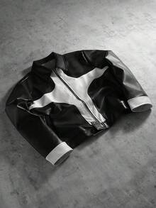 PAVTROS 男士长袖短款拉链PU皮夹克，黑色皮夹克外套，秋冬款