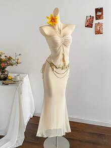 Soleia 全新度假西部海滩婚礼宾客服装、毕业早午餐、圣帕特里克节、春假、复活节、音乐节、优雅波西米亚热带露肩无袖网眼荷叶边下摆两件套 - 米色 - 查看 5