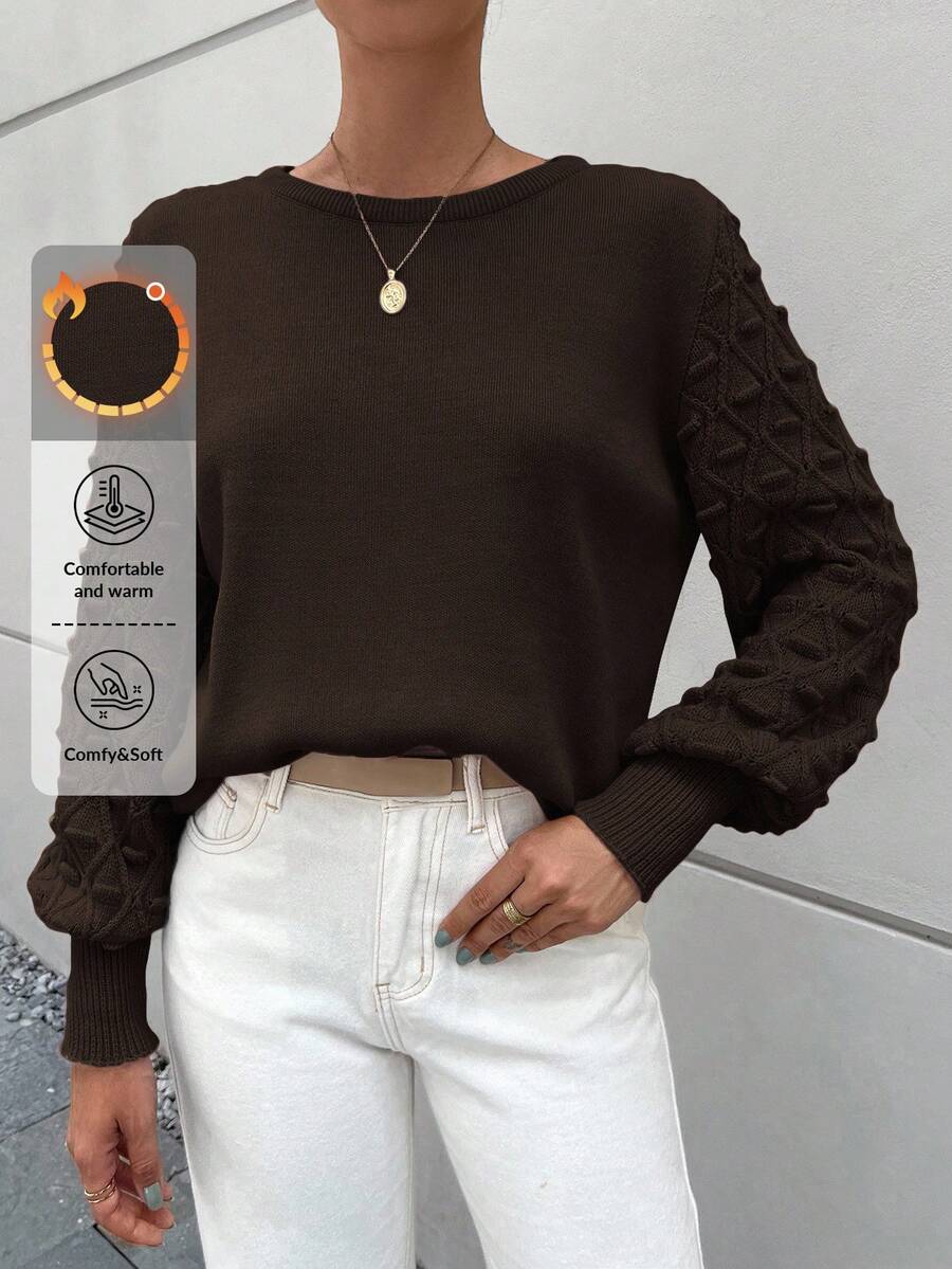 EURMUSE Round Neck Long Sleeve Casual Sweater - Brown - View 1