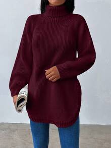 EURMUSE Áo len cổ lọ tay dài màu trơn có gân dành cho nữ, mùa thu/đông - Màu Đỏ Sâu - Xem 3