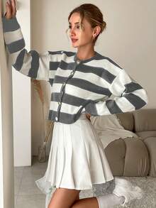 SHEIN Cottnline Women's Striped Drop Shoulder Cardigan Sweater - Light Grey - View 5