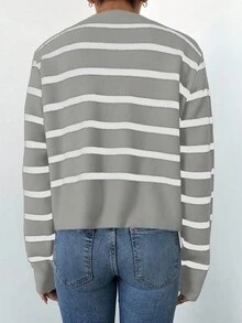 EURMUSE Women's Round Neck Button-Up Long Sleeve Striped Casual Cardigan - Grey - View 2
