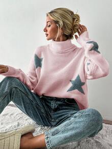SHEIN Cottnline Women's High Neck Sweater With Pentagram Pattern - Baby Pink - View 5