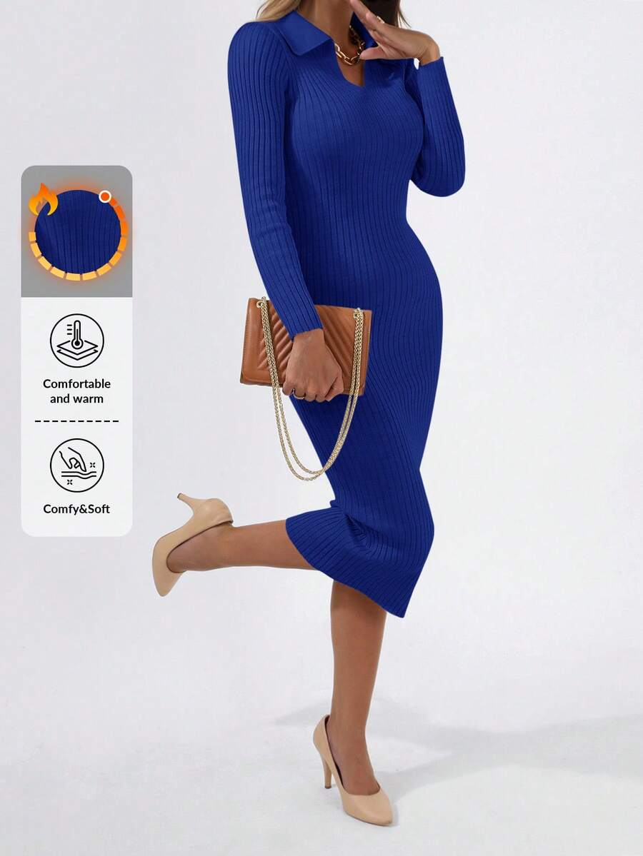 EURMUSE Solid Ribbed Knit Bodycon Sweater Dress - Blue - View 1