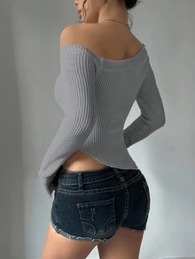 Lunelith SHEIN Lunessa Sexy Slim Asymmetric-Shoulder Women's Oblique Shoulder Long Sleeve Sweater