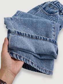 SHEIN Tween Girls Y2K 时尚水洗蓝色水钻装饰牛仔裤，喇叭腿休闲牛仔裤，适合城市漫步、日常时尚、拍照、闲逛、上学、通勤、聚会，2025 年秋季新品 - 中等水洗藍 - 查看 5