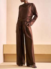 Zivah Coffee Brown Set Elegant Women's Set  The New Autumn And Winter Wedding Season New Year Valentine's Day Collection Is Suitable For Daily Dates, Commutes, Business, Ladylike, Elegant, Cruise Parties, Simplicity, Popular Online , Birthday Banquets, High-End Parties, Office Wear, Batsleeve Long-Sleeved, Pleated Collar, Loose Top, Pullover + Wide-Leg Pants, Long Pants, Brown Satin Shiny Women's Two Pieces Set -A - Brown - View 3