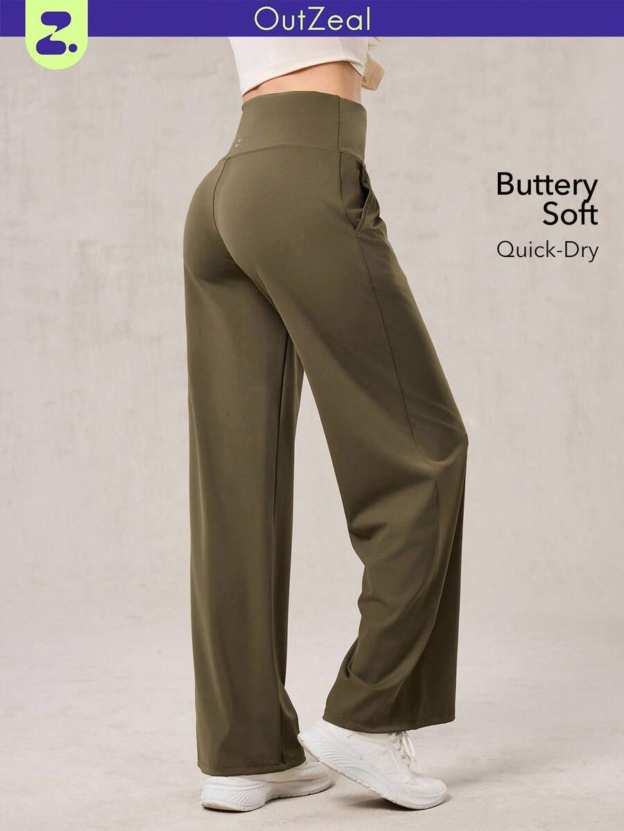 OutZeal 女士运动裤 日常休闲居家服 柔软针织面料 吸汗速干 高腰直筒裤型 带口袋 - 軍綠色 - 查看 1