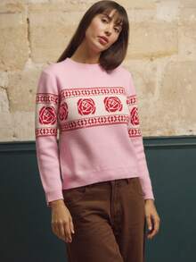 lacRébo Pink Cosy Jumper With Red Floral Pattern Vintage Cute Winter Knitwear New Year Office Spring Summer - Multicolor - View 5